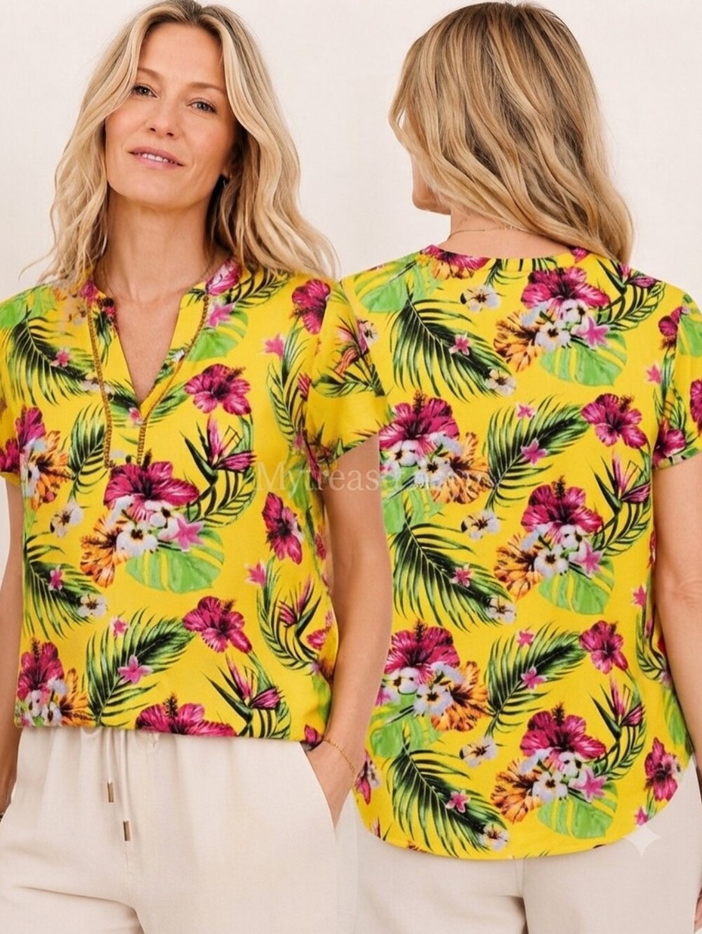 Nwt Elizabeth & Nicole Tropical Floral Rayon Blouse Yellow Hibiscus Print Top 🌺
